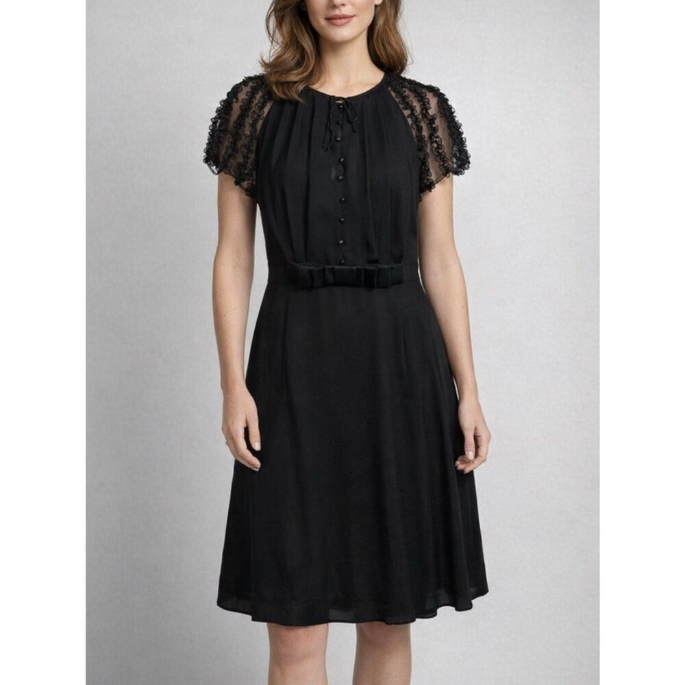 Rena Lange Black Lace Short Sleeve Button Closure Dress Size M